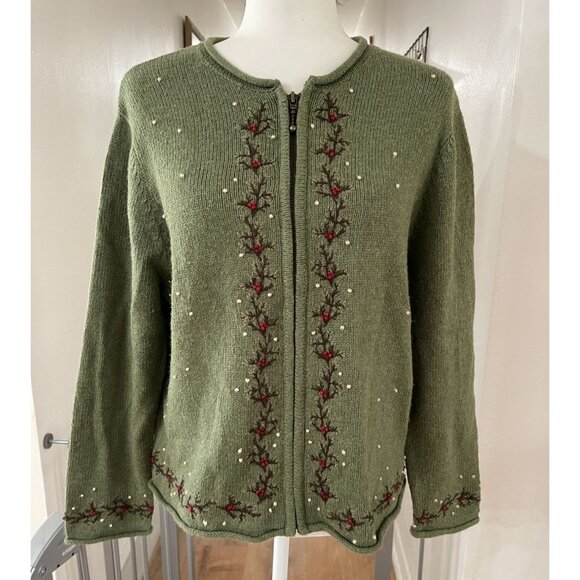 EUC Vintage Croft & Barrow Womens Petite Green Embroidered Cardigan Sweater With - Picture 1 of 8